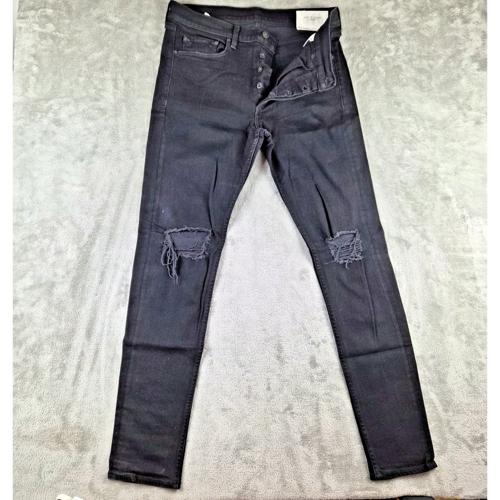 Rag & Bone Jeans Mens 34x34 Black Distressed Stretch Denim Button Fly Fit 1 USA